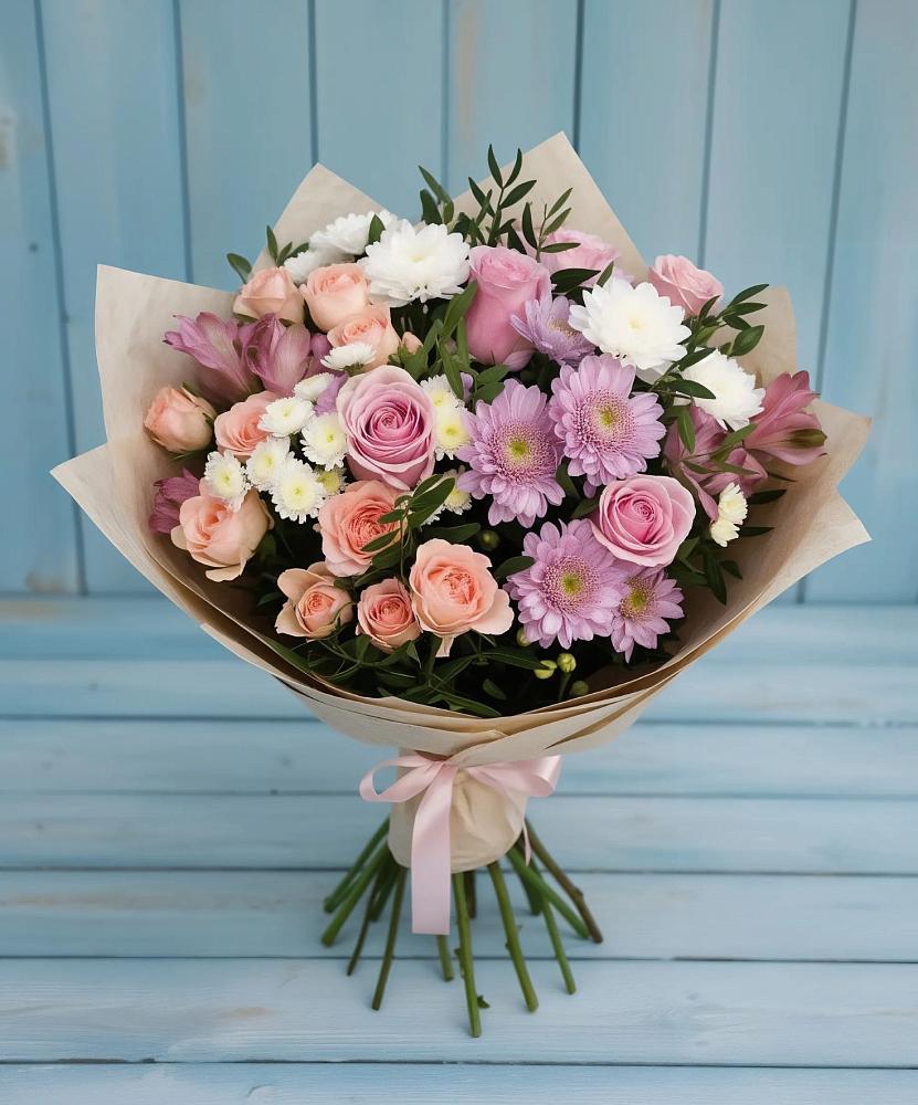 Букет цветов из: Хризантемы, Розы и Альстромерии в Александрийской Ставропольского края