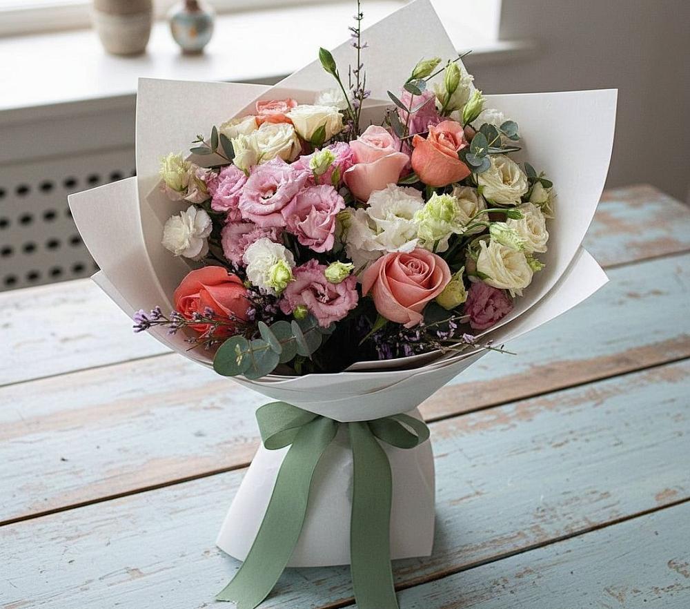 Букет цветов из: Розы, Лизиантусы и Гвоздики в Александрийской Ставропольского края